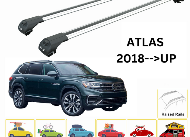 For Volkswagen Atlas 2018--> Roof Rack System, Aluminium Cross Bar, Metal Bracket, Raised Rail, Silver