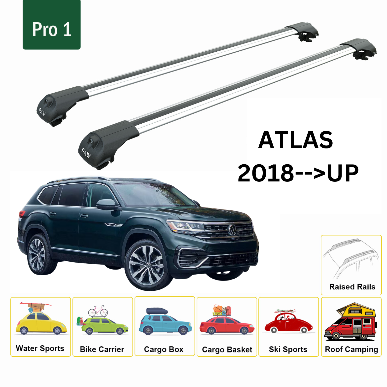 For Volkswagen Atlas 2018--> Roof Rack System, Aluminium Cross Bar, Metal Bracket, Raised Rail, Silver - 0