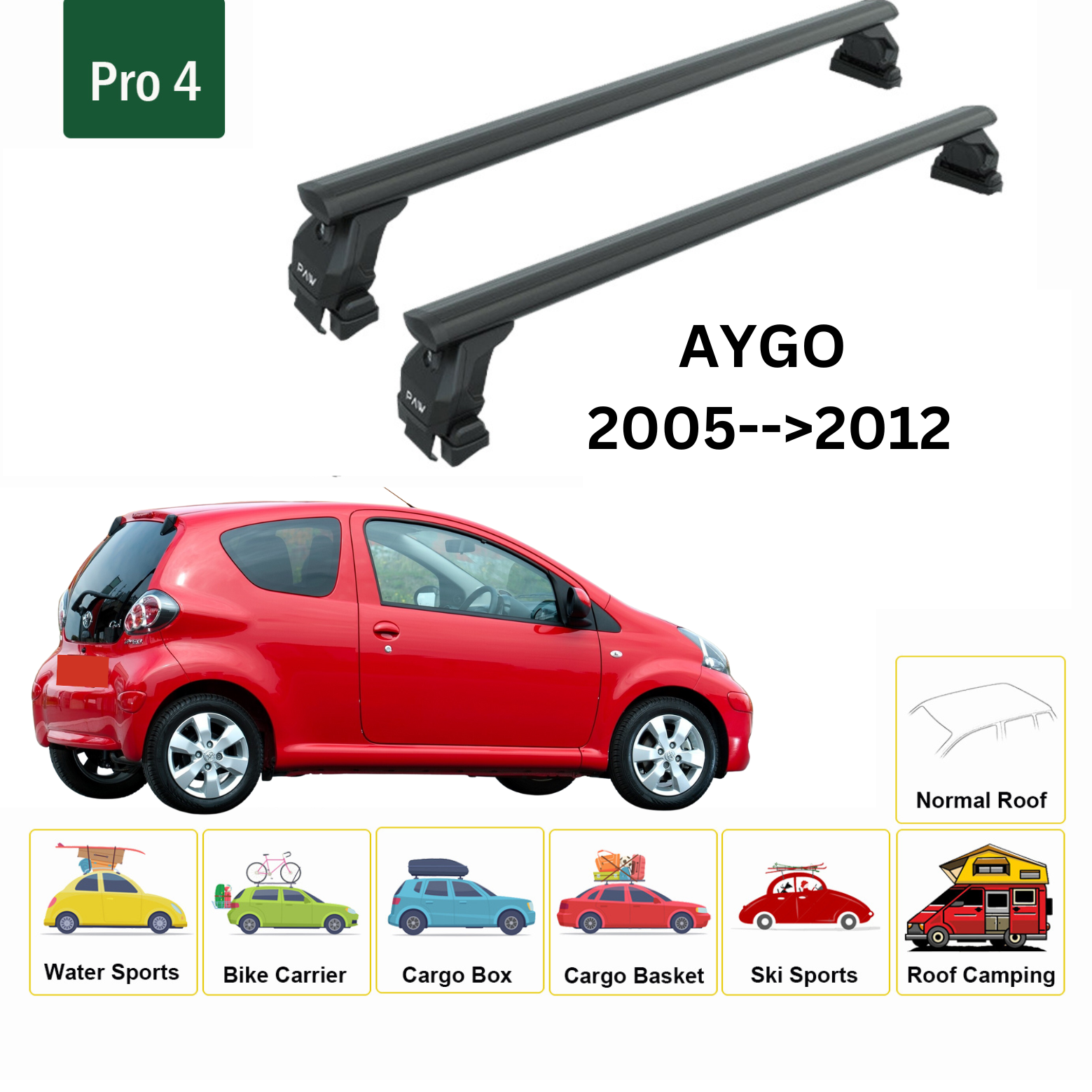 For Toyota Aygo 2005-2012 Roof Rack System, Aluminium Cross Bar, Metal Bracket, Normal Roof, Black - 0