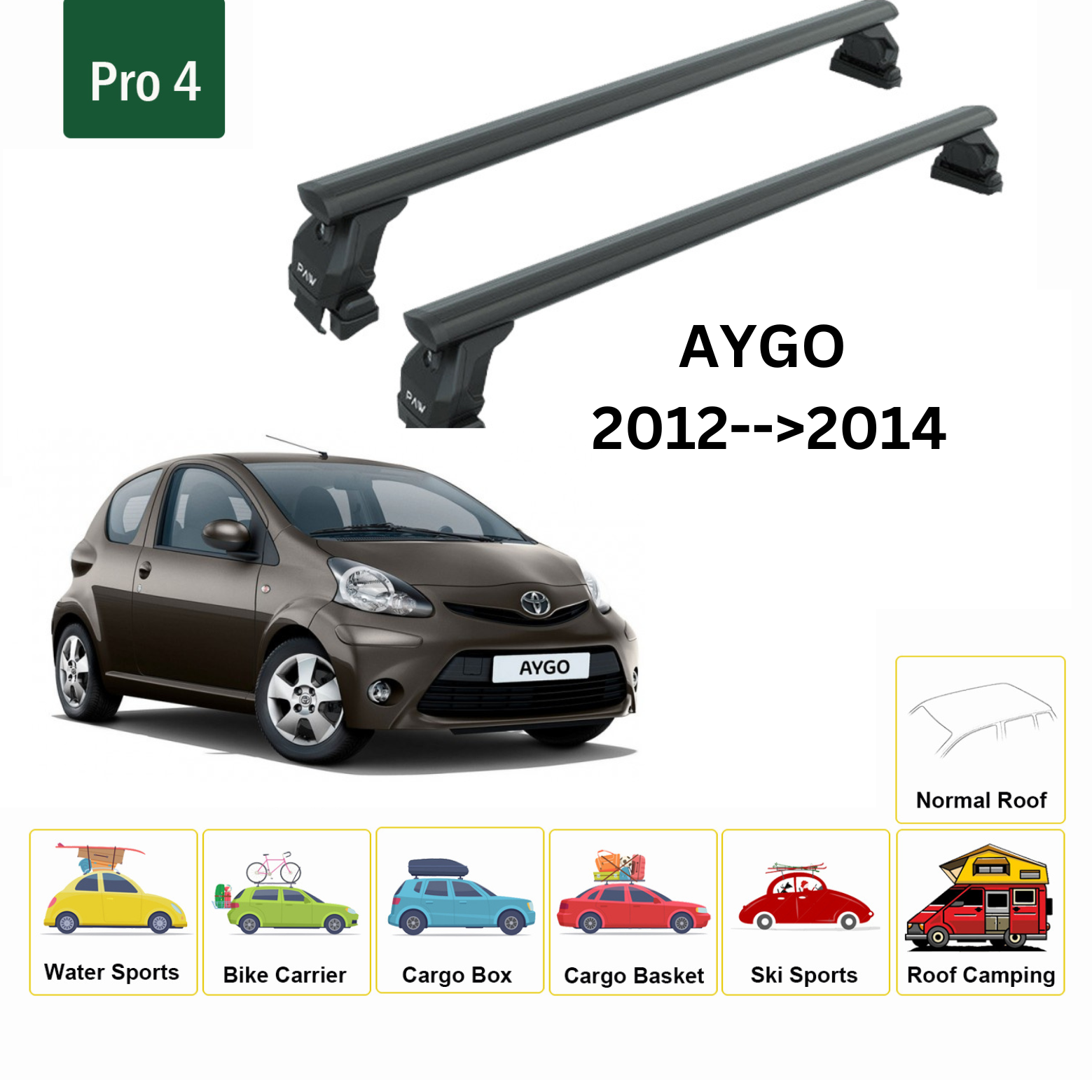 For Toyota Aygo 2012-2014 Roof Rack System, Aluminium Cross Bar, Metal Bracket, Normal Roof, Black - 0