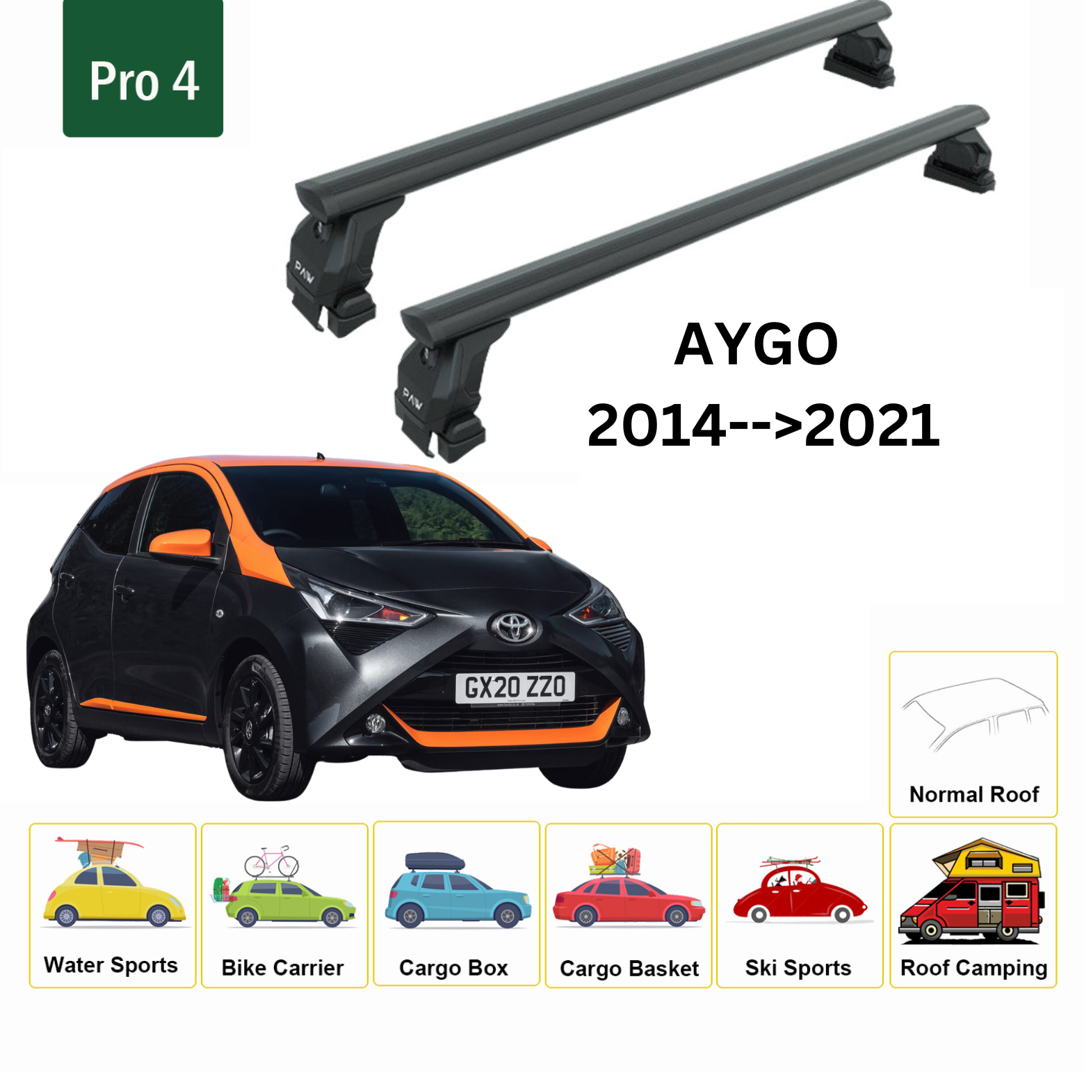 For Toyota Aygo 2014-2021 Roof Rack System, Aluminium Cross Bar, Metal Bracket, Normal Roof, Black - 0