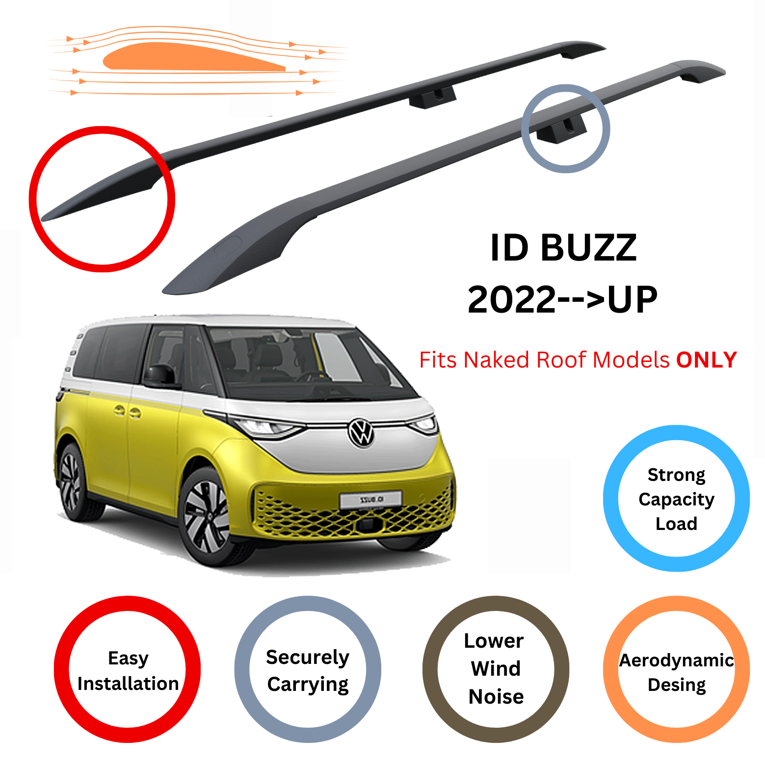 For Volkswagen id Buzz Aleminium Roof Rails, Plus Black - 0