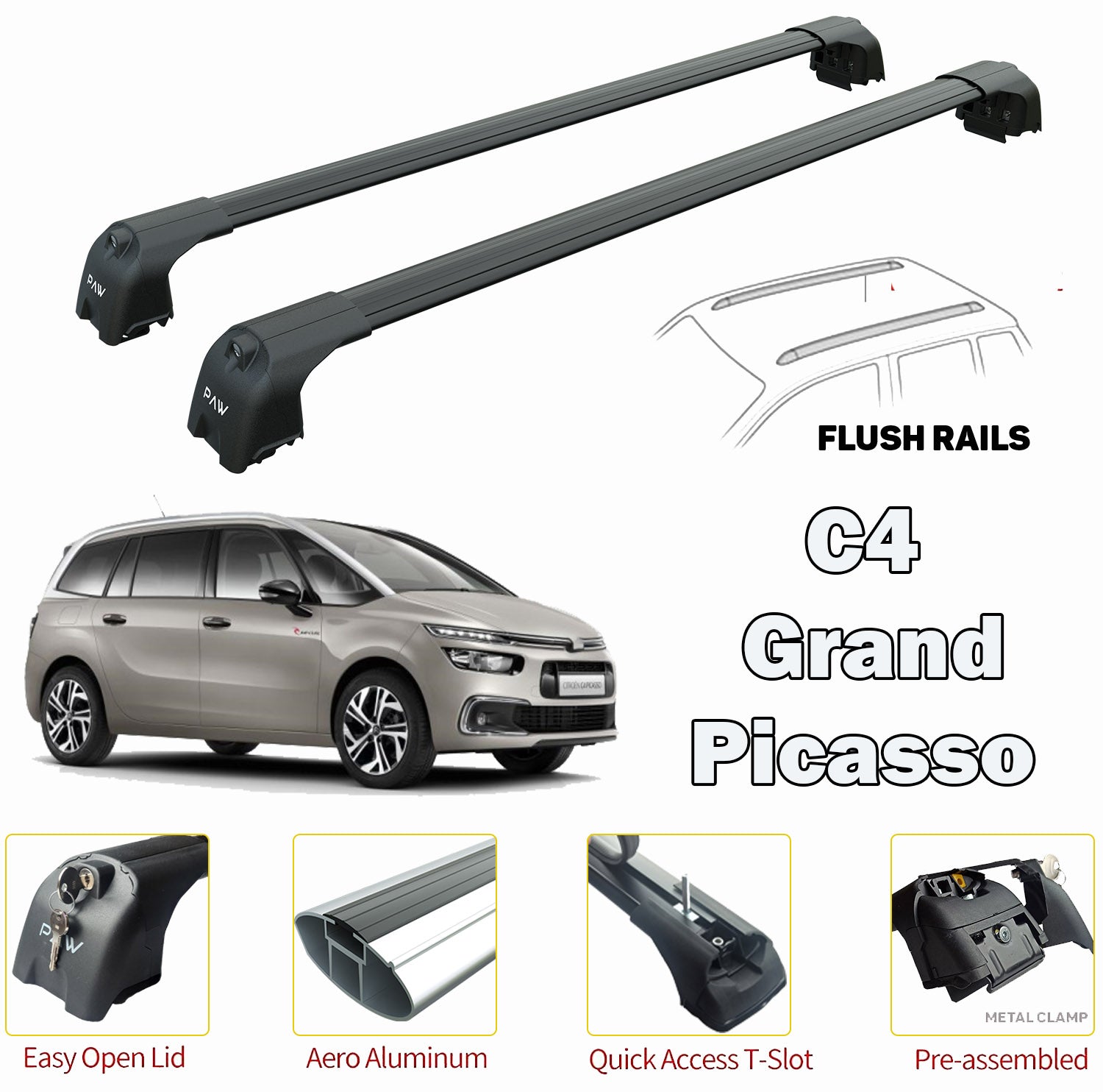 For Citroën C4 Grand Picasso Mpv Roof Rack Cross Bars Flush Roof Black 2013- Up