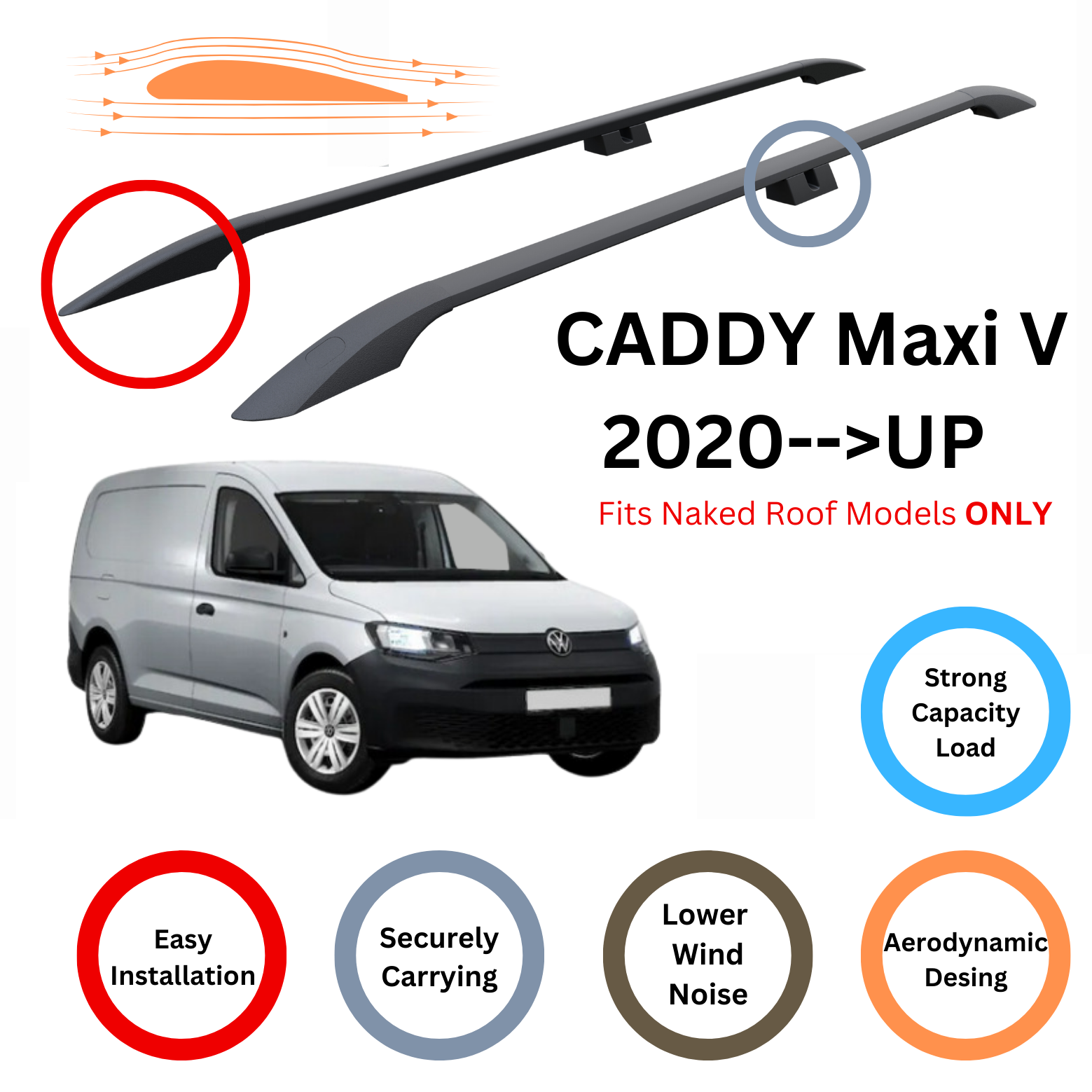 For Volkswagen Caddy V Maxi Roof Side Rails, Plus Black 2020- Up