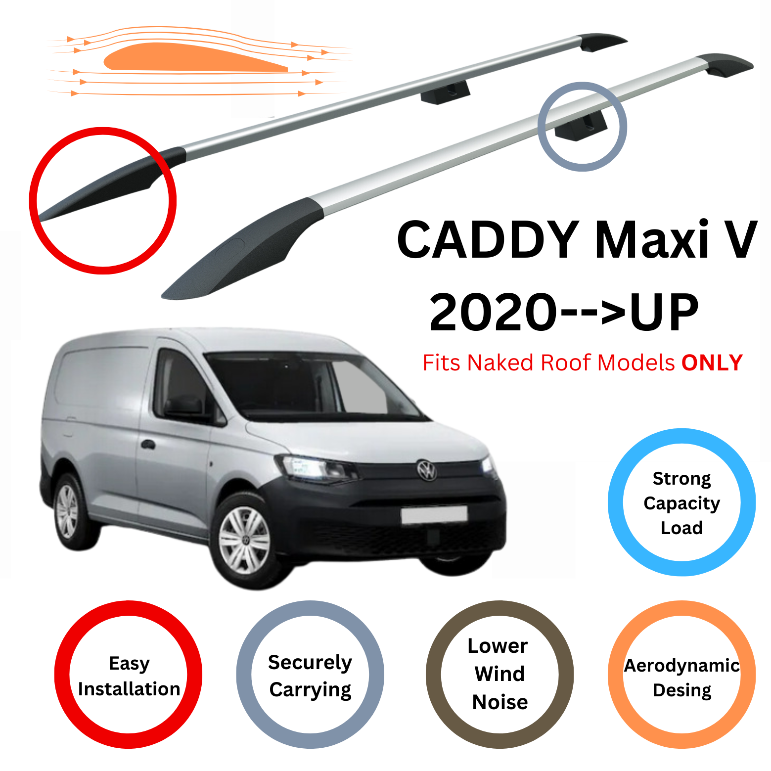 For Volkswagen Caddy V Maxi Roof Side Rails, Plus Silver 2020- Up