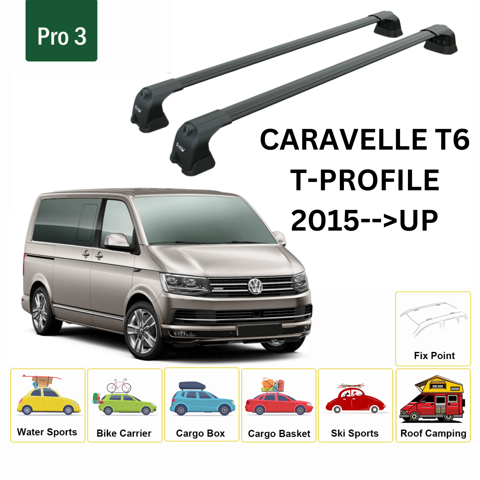 For Caravelle T6 T-Profile 2015--> Roof Rack System, Aluminium Cross Bar, Metal Bracket, Fix Point, Black