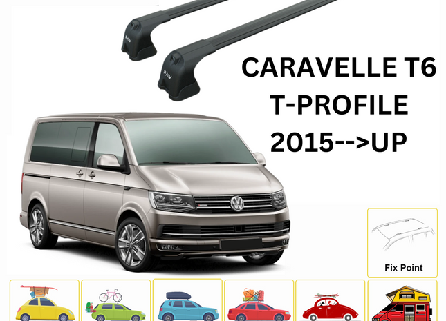 For Caravelle T6 T-Profile 2015--> Roof Rack System, Aluminium Cross Bar, Metal Bracket, Fix Point, Black