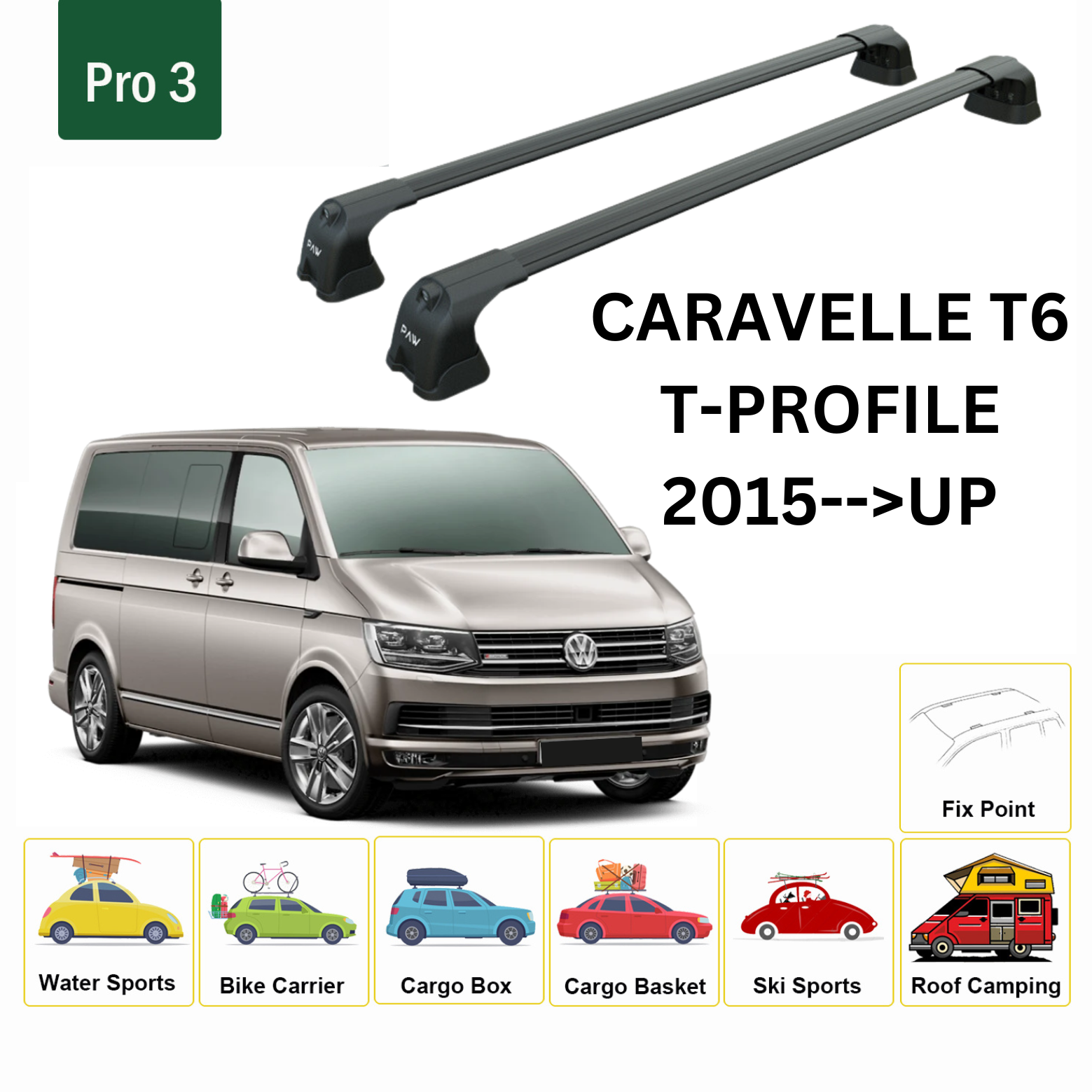 For Caravelle T6 T-Profile 2015--> Roof Rack System, Aluminium Cross Bar, Metal Bracket, Fix Point, Black - 0