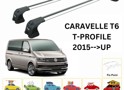 For Caravelle T6 T-Profile 2015--> Roof Rack System, Aluminium Cross Bar, Metal Bracket, Fix Point, Silver
