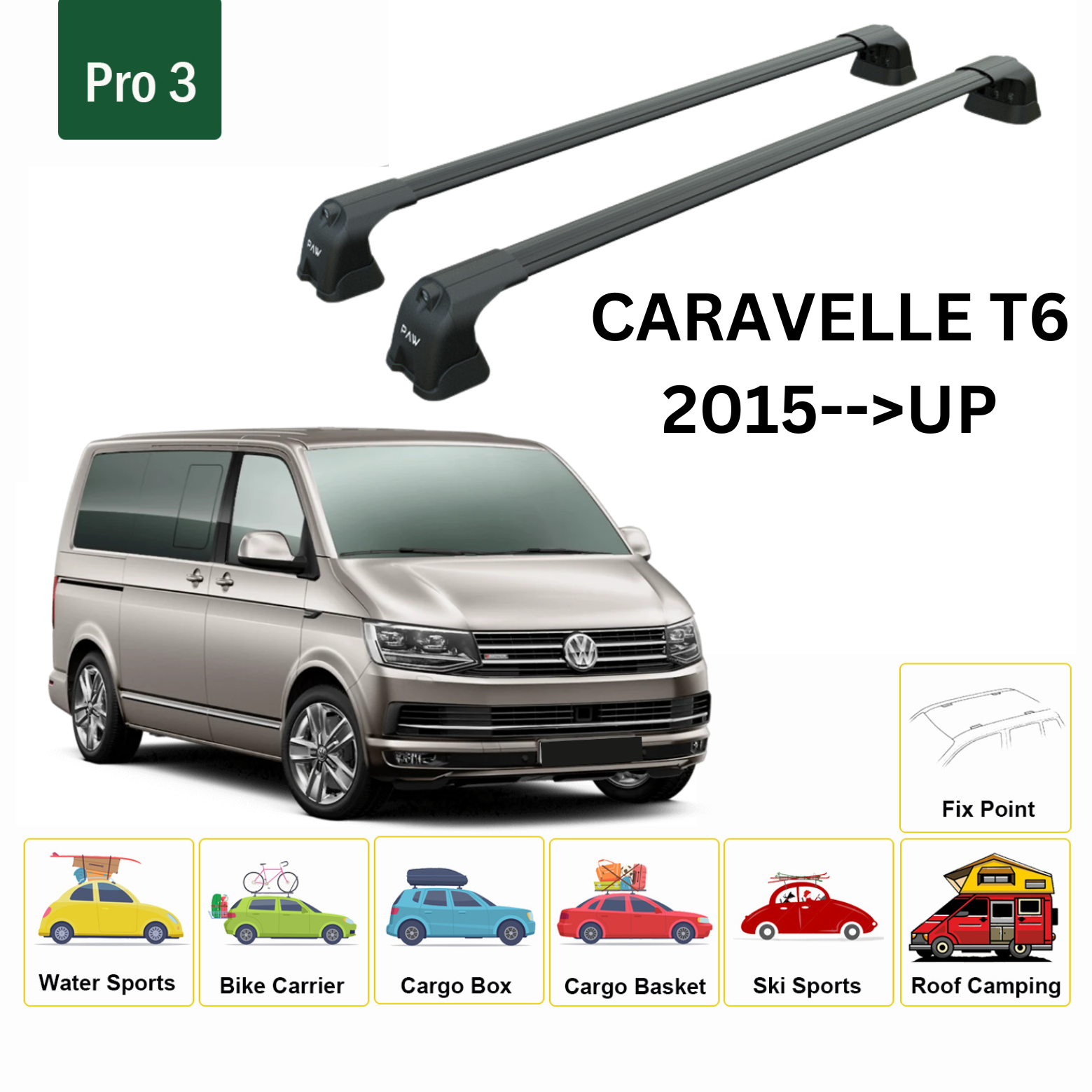 For Caravelle T6 2015--> Roof Rack System, Aluminium Cross Bar, Metal Bracket, Fix Point, Black