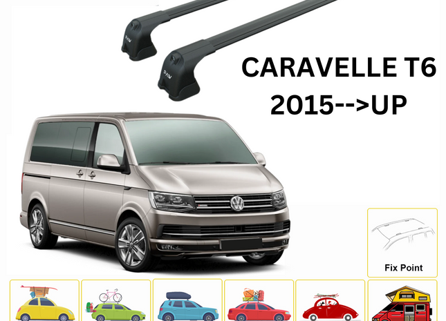 For Caravelle T6 2015--> Roof Rack System, Aluminium Cross Bar, Metal Bracket, Fix Point, Black