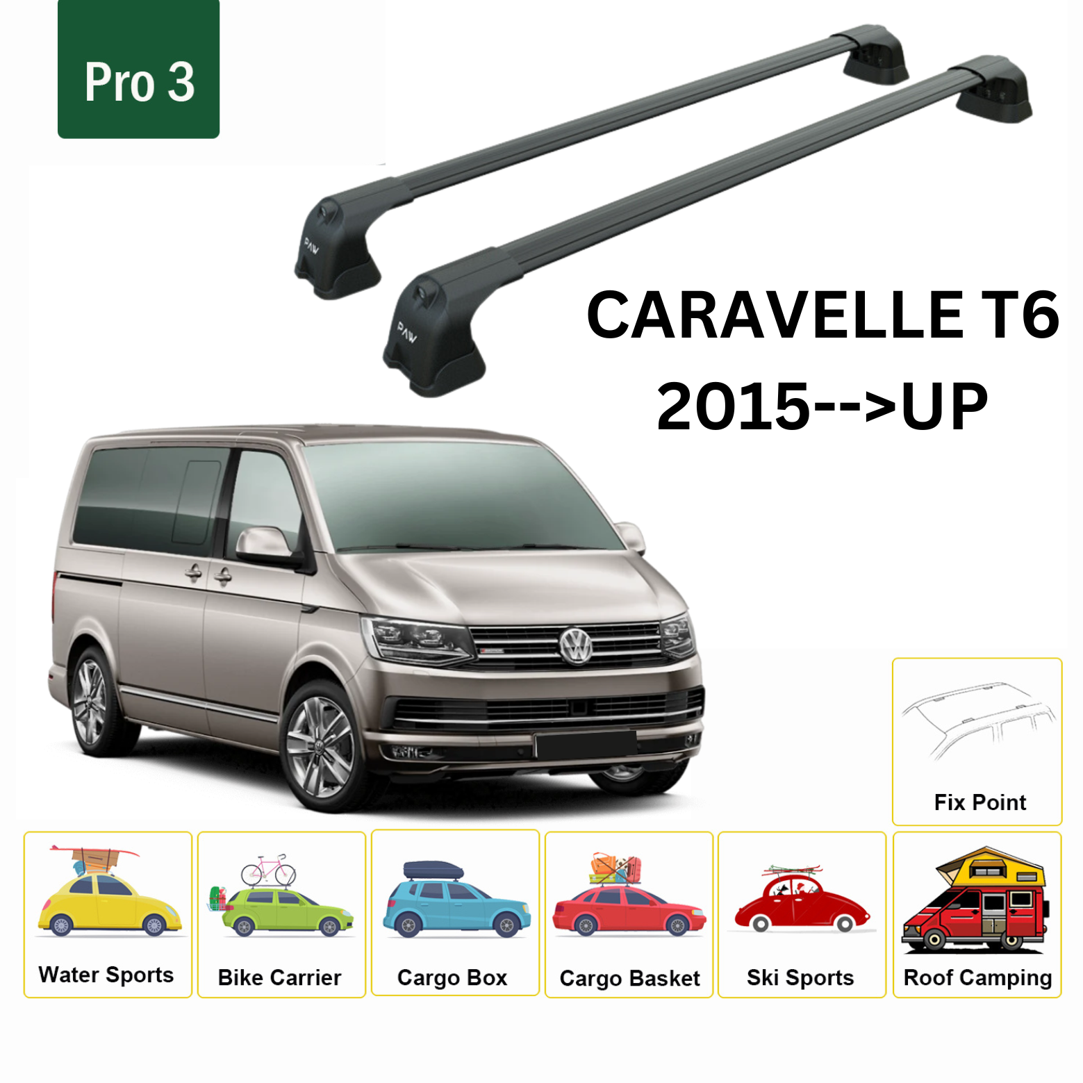 For Caravelle T6 2015--> Roof Rack System, Aluminium Cross Bar, Metal Bracket, Fix Point, Black - 0