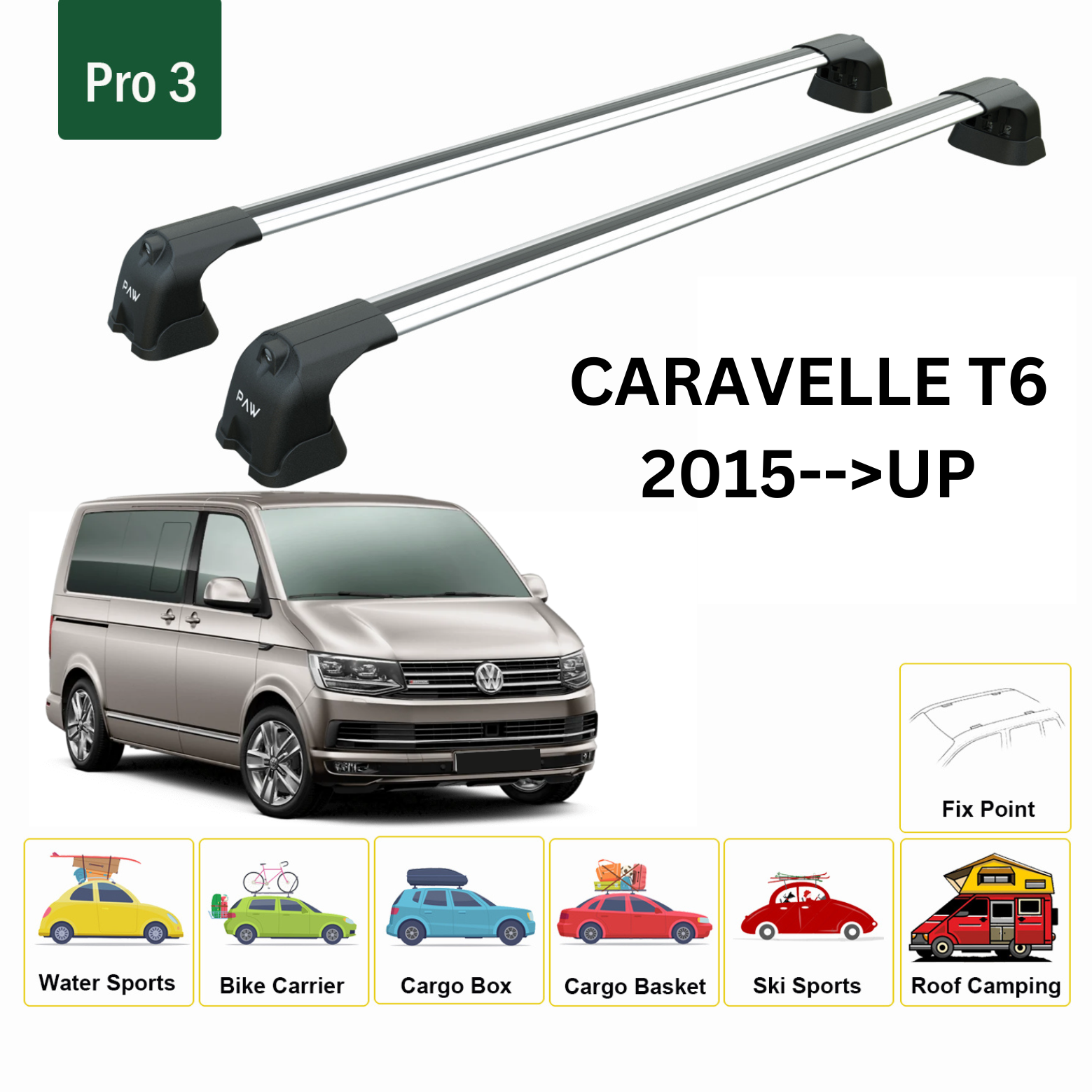 For Caravelle T6 2015--> Roof Rack System, Aluminium Cross Bar, Metal Bracket, Fix Point, Silver