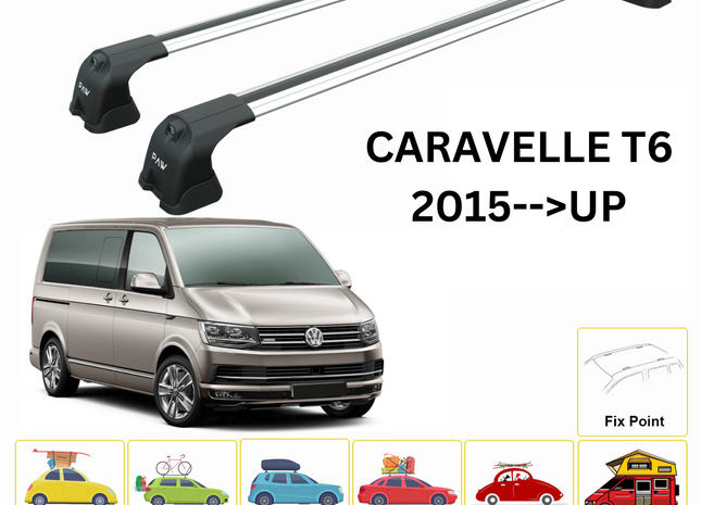 For Caravelle T6 2015--> Roof Rack System, Aluminium Cross Bar, Metal Bracket, Fix Point, Silver