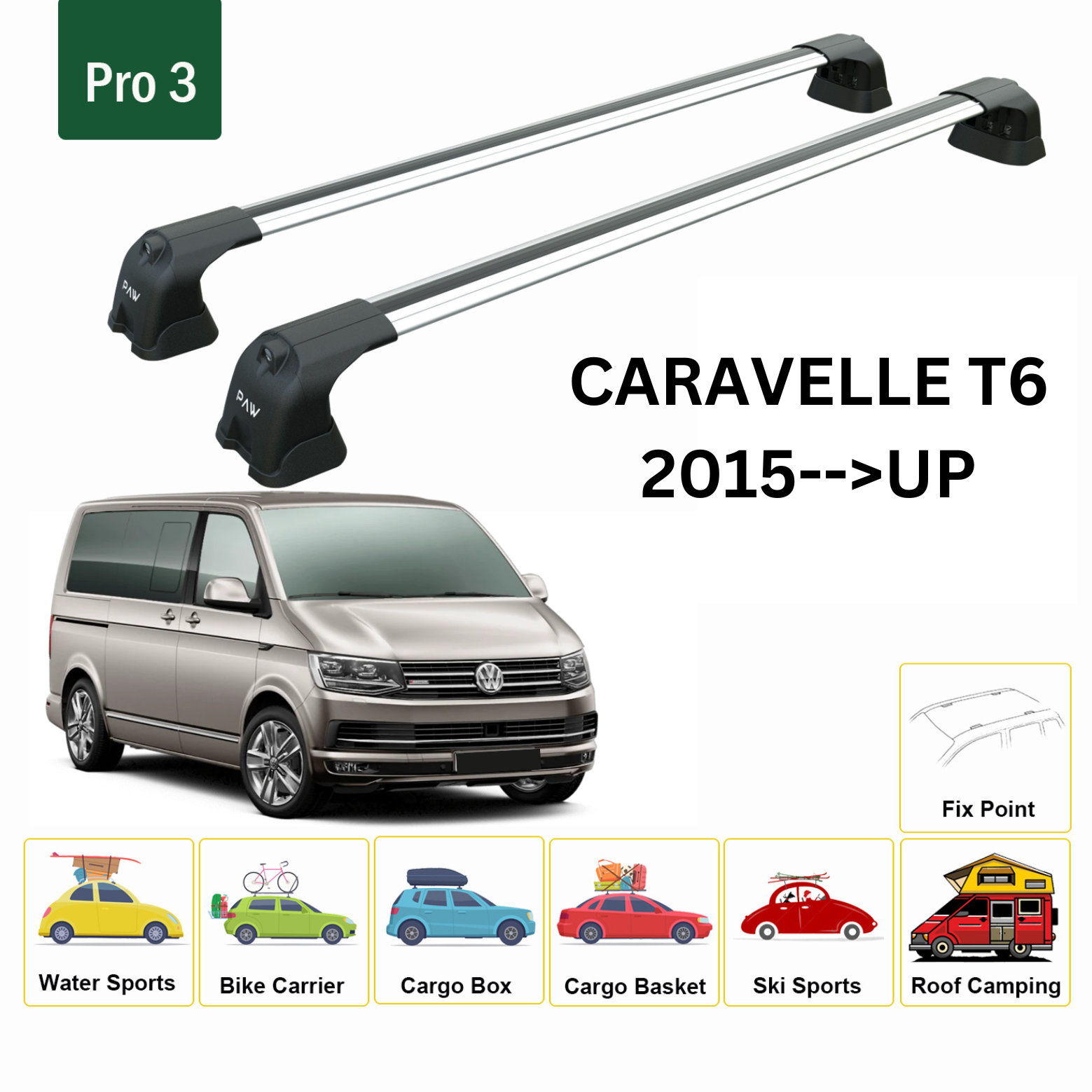 For Caravelle T6 2015--> Roof Rack System, Aluminium Cross Bar, Metal Bracket, Fix Point, Silver - 0