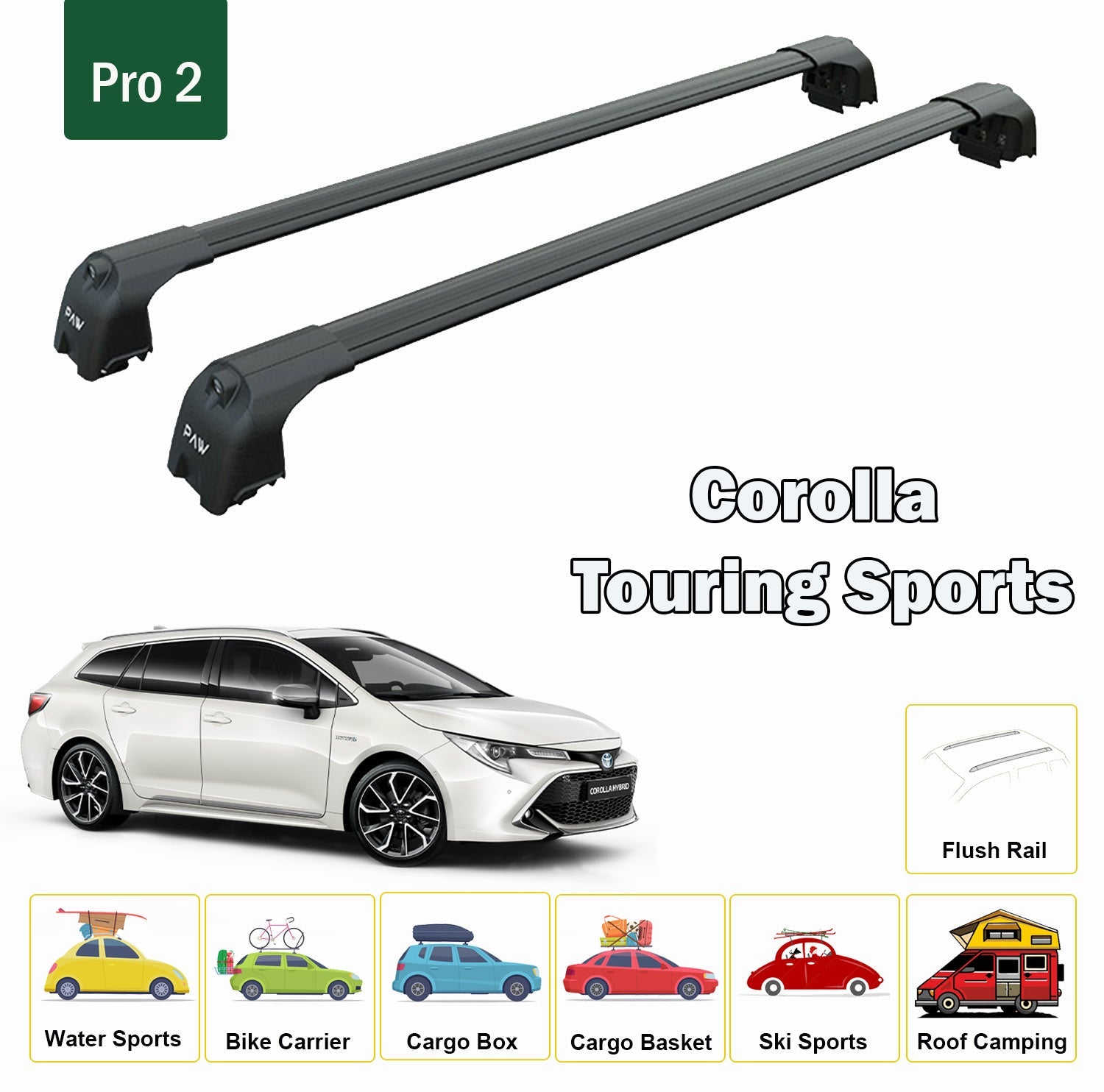 For Toyota Corolla Touring Sports Roof Rack System, Aluminium Cross Bar, Metal Bracket, Flush Rail, Black