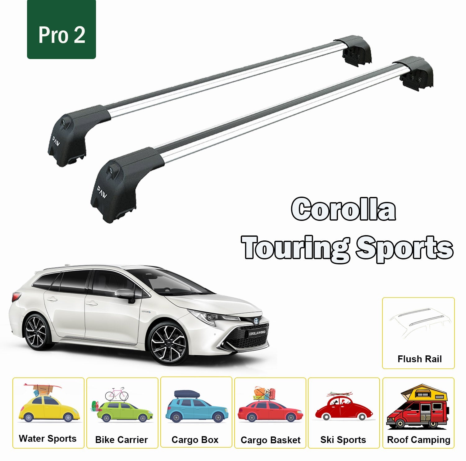 For Toyota Corolla Touring Sports Roof Rack System, Aluminium Cross Bar, Metal Bracket, Flush Rail, Silver