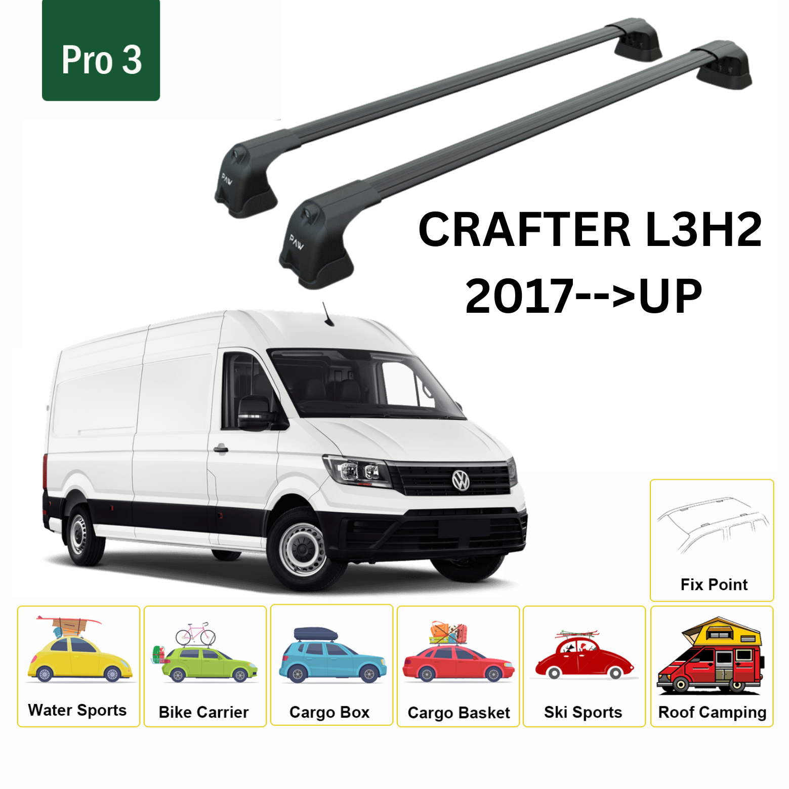 For Crafter L3H2 2017--> Roof Rack System, Aluminium Cross Bar, Metal Bracket, Fix Point, Black