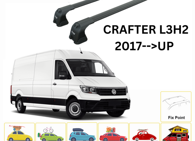 For Crafter L3H2 2017--> Roof Rack System, Aluminium Cross Bar, Metal Bracket, Fix Point, Black