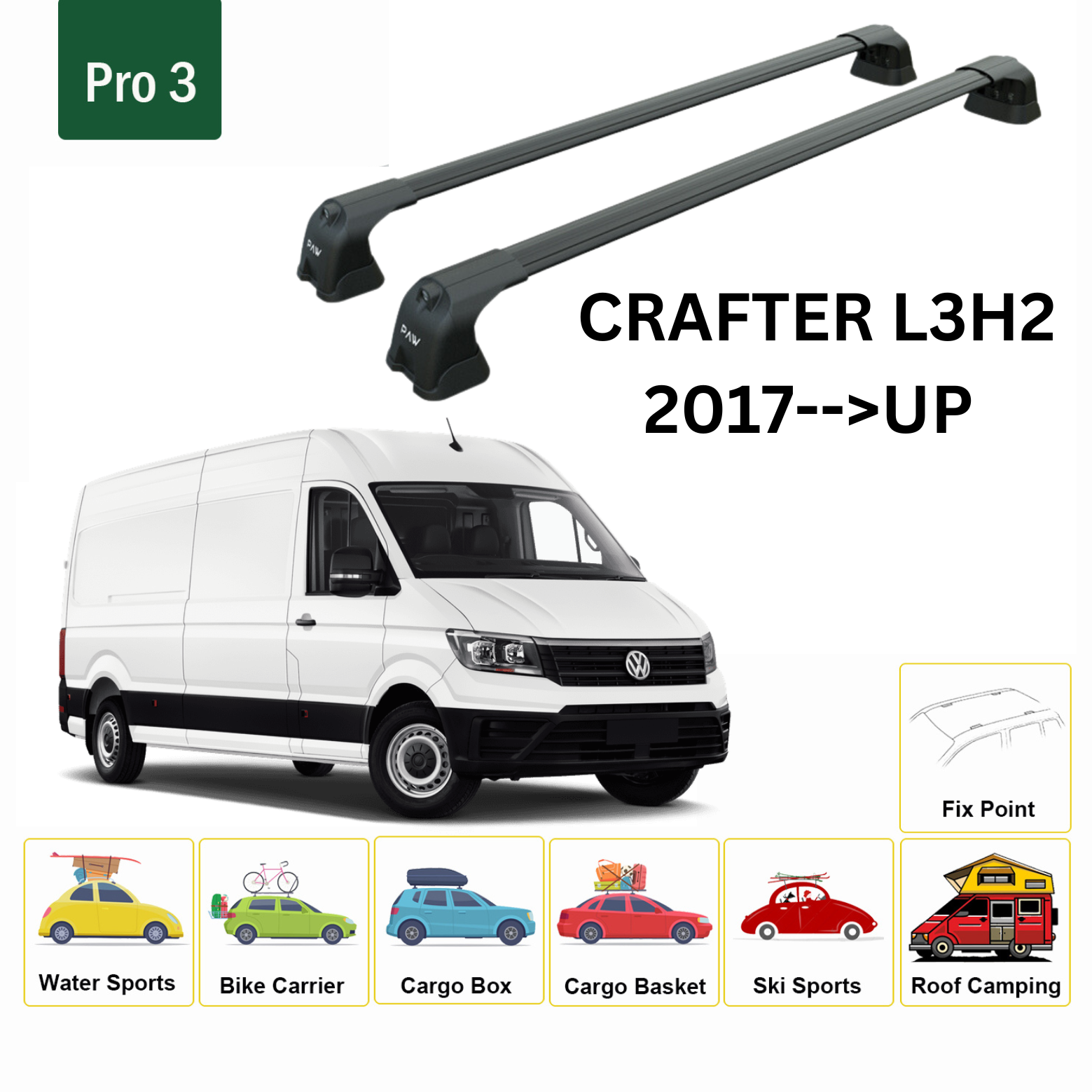 For Crafter L3H2 2017--> Roof Rack System, Aluminium Cross Bar, Metal Bracket, Fix Point, Black - 0