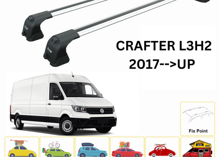 For Crafter L3H2 2017--> Roof Rack System, Aluminium Cross Bar, Metal Bracket, Fix Point, Silver