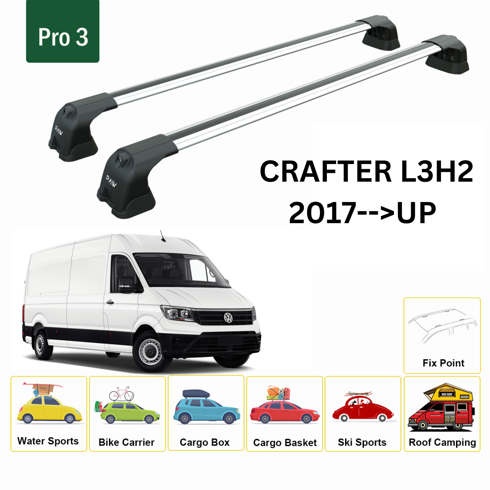 For Crafter L3H2 2017--> Roof Rack System, Aluminium Cross Bar, Metal Bracket, Fix Point, Silver - 0