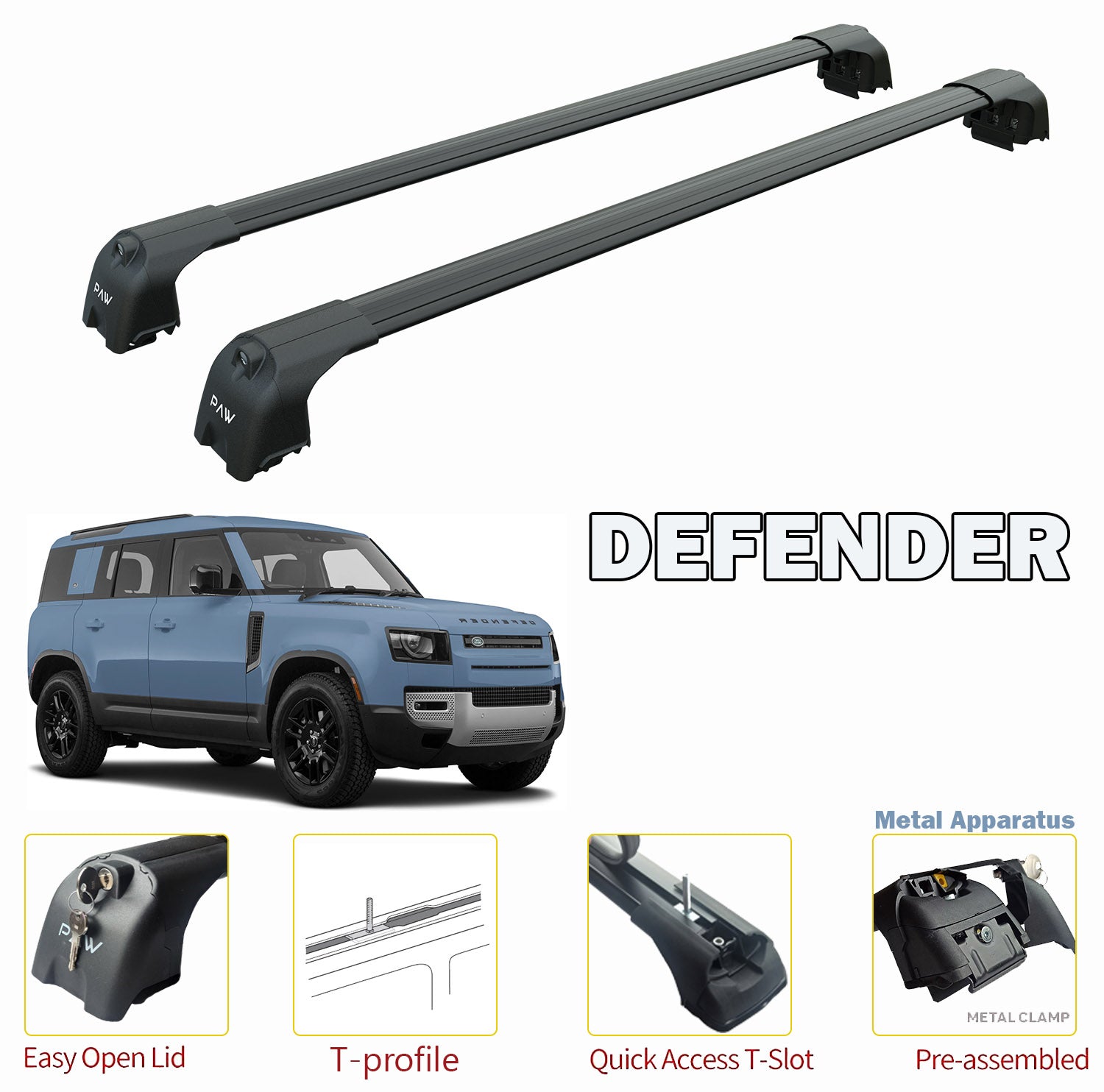 Landrover Defender 110 T Track Roof Racks Cross Bars Rails Top Carrier Alu Black 2020- Up