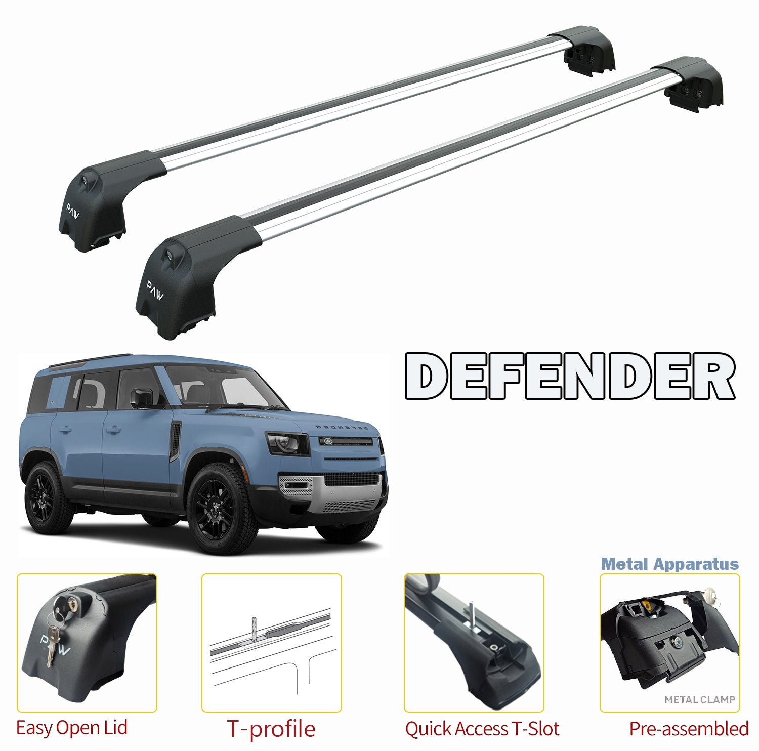 Landrover Defender 110 T Track Roof Racks Cross Bars Rails Top Carrier Alu Silver 2020- Up