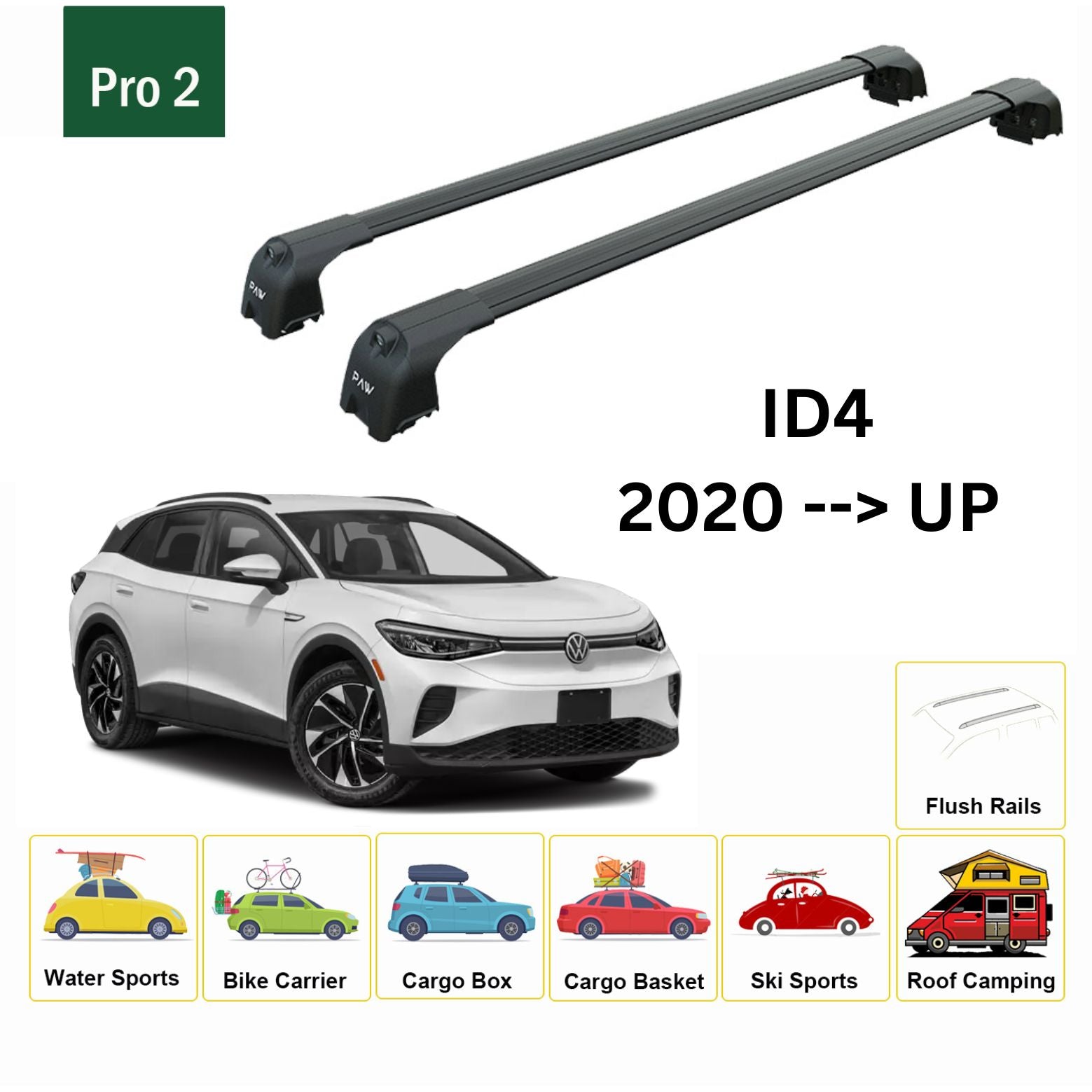 For Volkswagen ID.4 2020--> Roof Rack System, Aluminium Cross Bar, Metal Bracket, Flush Rail, Black - 0