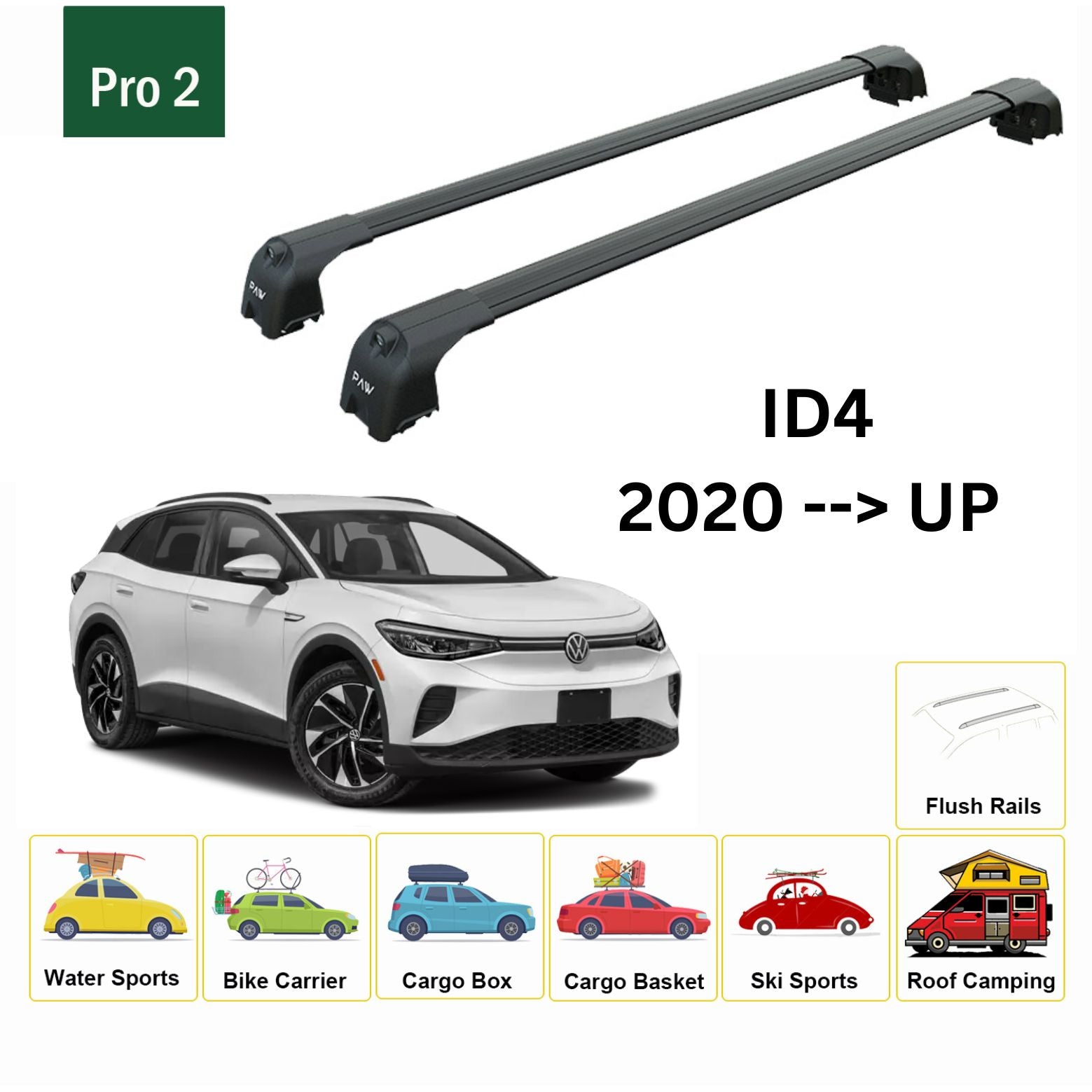 For Volkswagen ID4 2020--> Roof Rack System, Aluminium Cross Bar, Metal Bracket, Flush Rail, Black