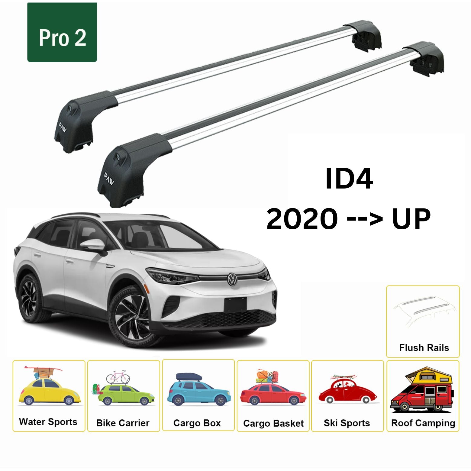 For Volkswagen ID4 2020--> Roof Rack System, Aluminium Cross Bar, Metal Bracket, Flush Rail, Silver