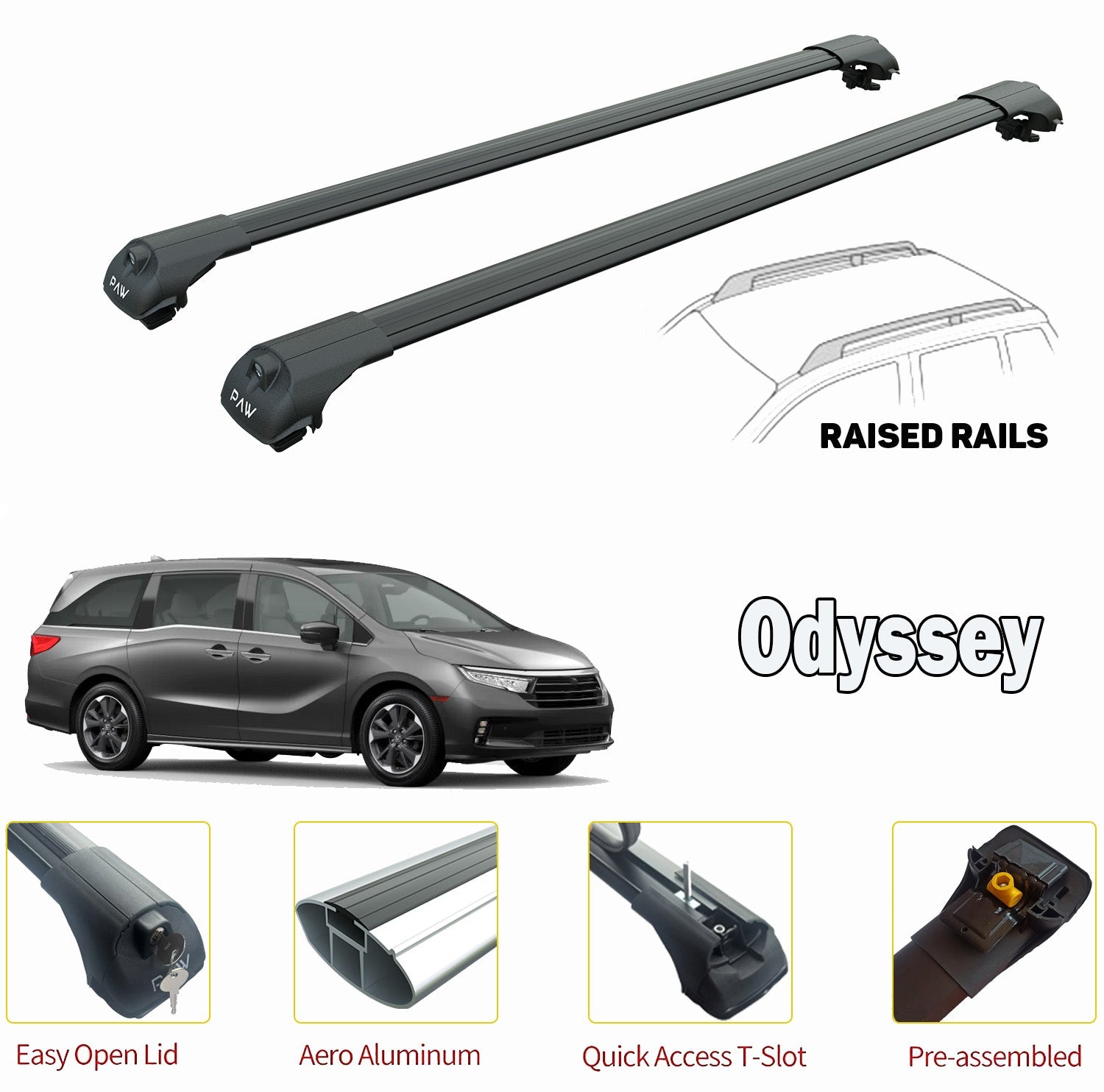 Honda Odyssey Cross bar Roof Rack For Vehicles With Raised Roof Rails Black