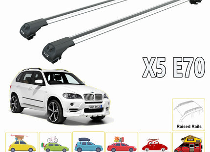 For BMW X5 E70 2000-2014 Roof Rack System, Aluminium Cross Bar, Metal Bracket, Raised Rail, Silver