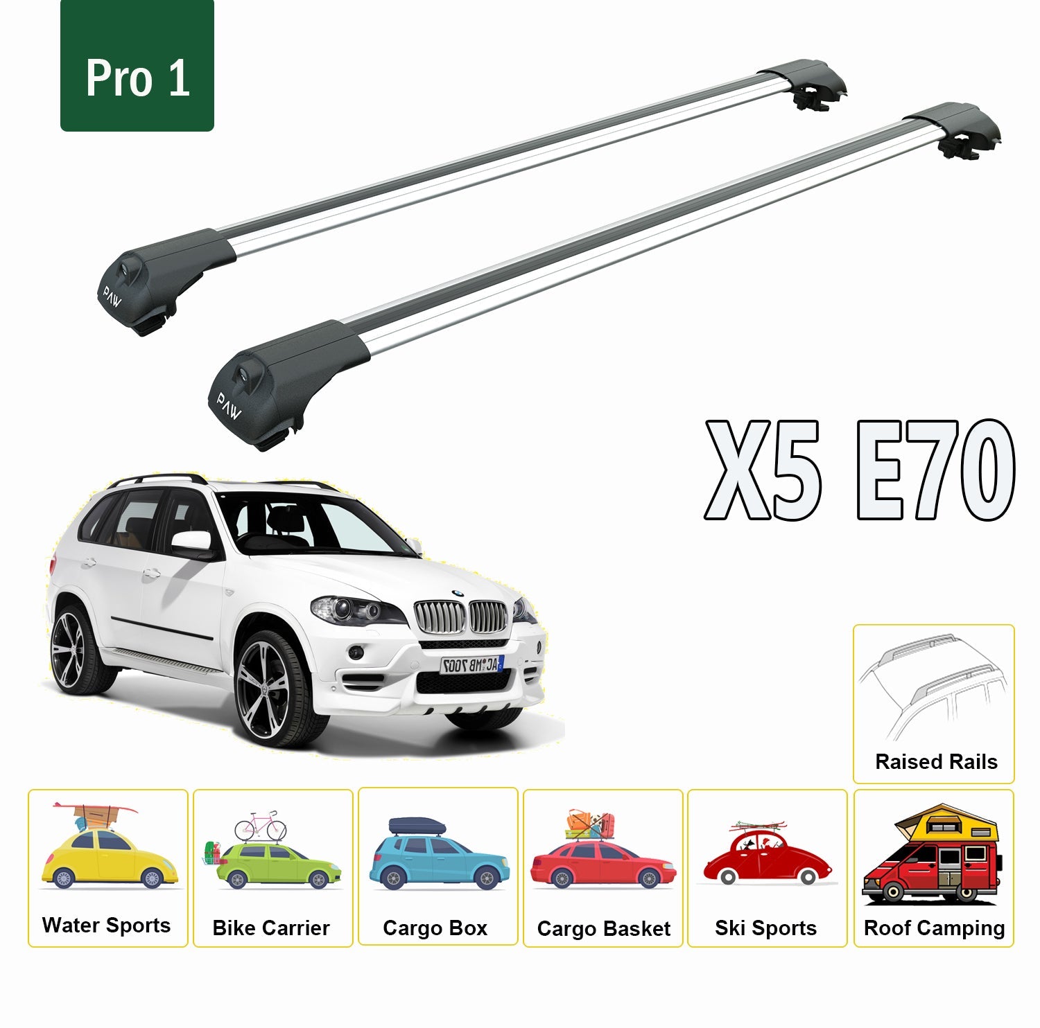 For BMW X5 E70 2000-2014 Roof Rack System, Aluminium Cross Bar, Metal Bracket, Raised Rail, Silver