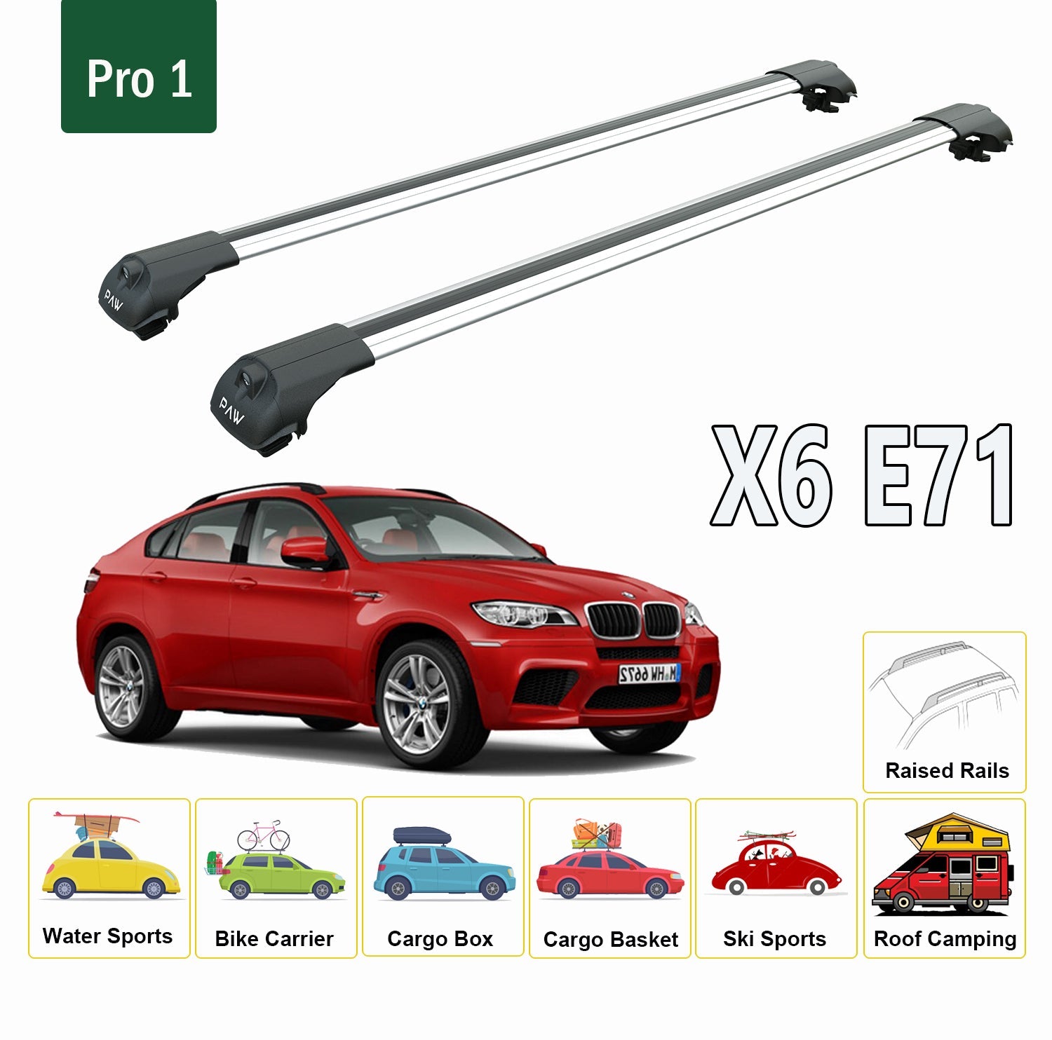 For BMW X6 E71 2008-2014 Roof Rack System, Aluminium Cross Bar, Metal Bracket, Raised Rail, Silver