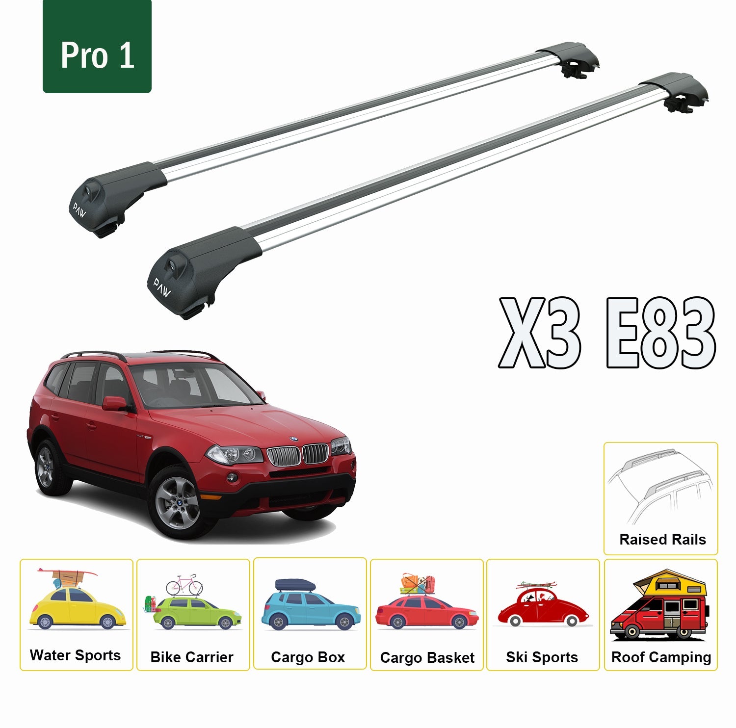 For Bmw X3 E83 2003-2011 Roof Rack System, Aluminium Cross Bar, Metal Bracket, Raised Rail, Black