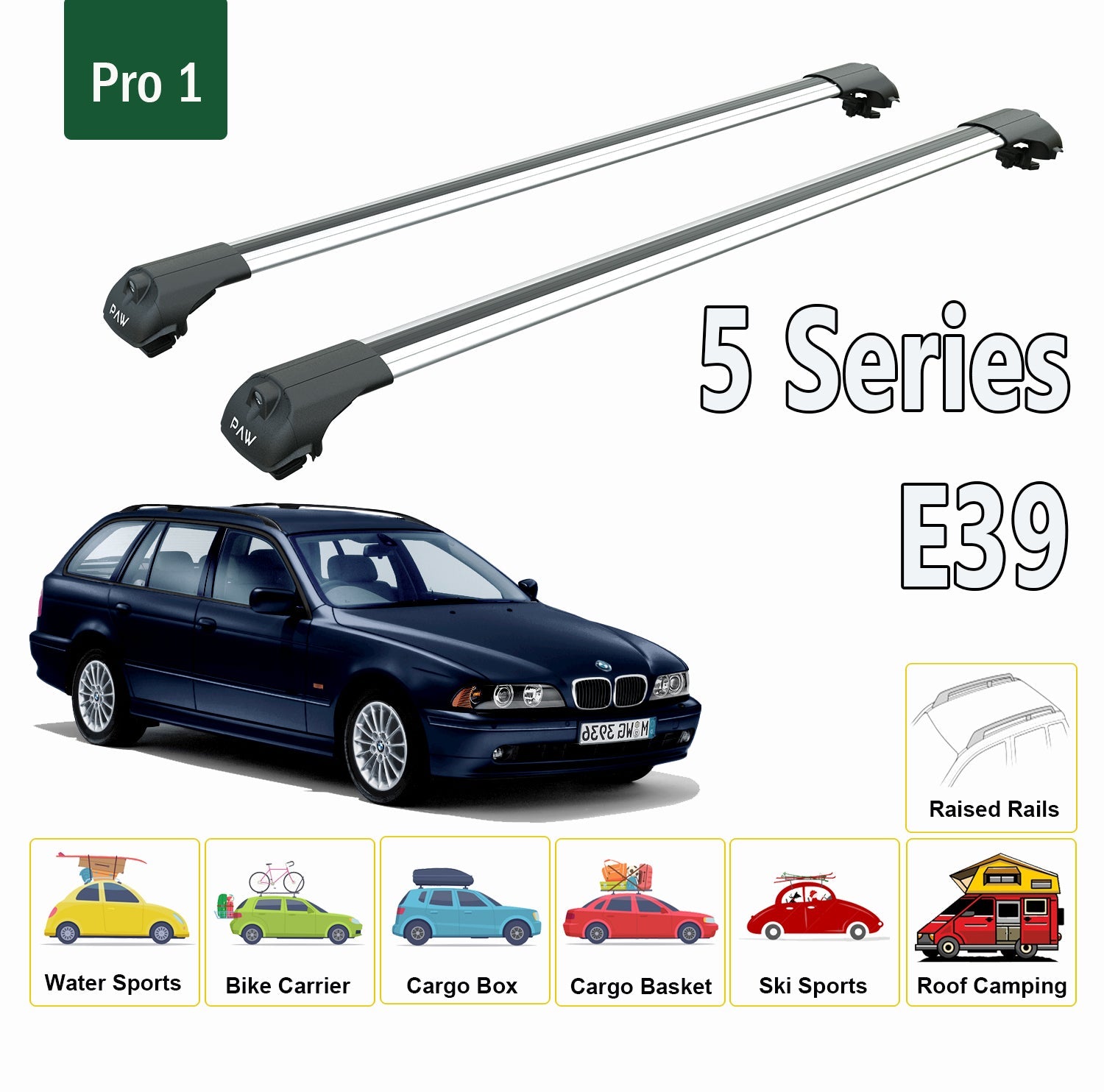 For Bmw 5 Series E39 Wagon 1995-2004 Roof Rack System, Aluminium Cross Bar, Metal Bracket, Raised Rail, Black