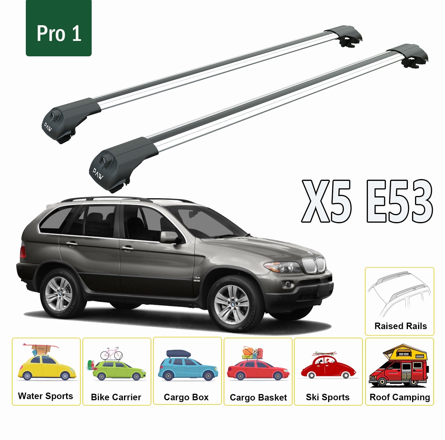 For BMW X5 E53 1999-2006 Roof Rack System, Aluminium Cross Bar, Metal Bracket, Raised Rail, Silver