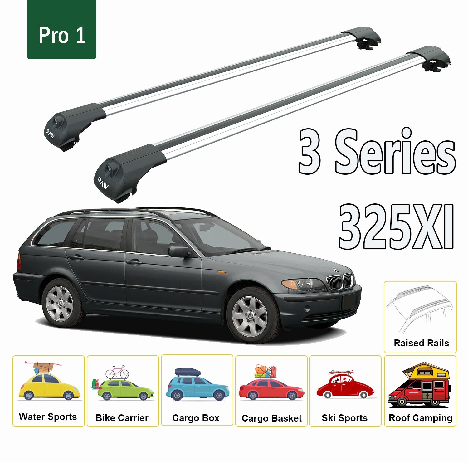 For BMW 3 Series 325Xi 2001-2006 Roof Rack System, Aluminium Cross Bar, Metal Bracket, Raised Rail, Black