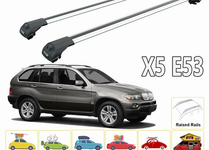 For BMW X5 E53 1999-2006 Roof Rack System, Aluminium Cross Bar, Metal Bracket, Raised Rail, Black