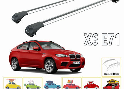 For BMW X6 E71 2008-2014 Roof Rack System, Aluminium Cross Bar, Metal Bracket, Raised Rail, Black