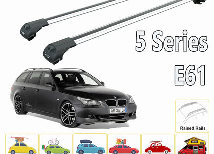 For Bmw 5 Series E61 Wagon 2004-2010 Roof Rack System, Aluminium Cross Bar, Metal Bracket, Raised Rail, Silver
