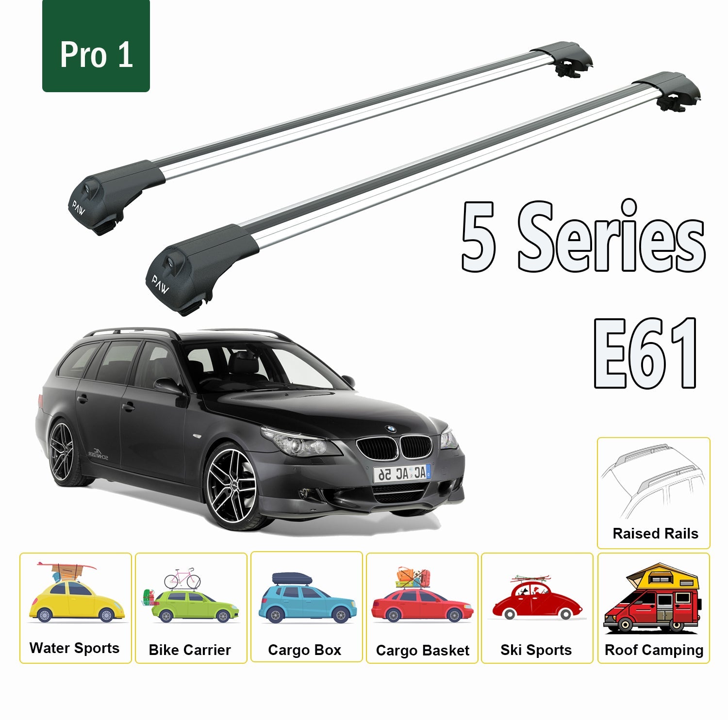 For Bmw 5 Series E61 Wagon 2004-2010 Roof Rack System, Aluminium Cross Bar, Metal Bracket, Raised Rail, Silver