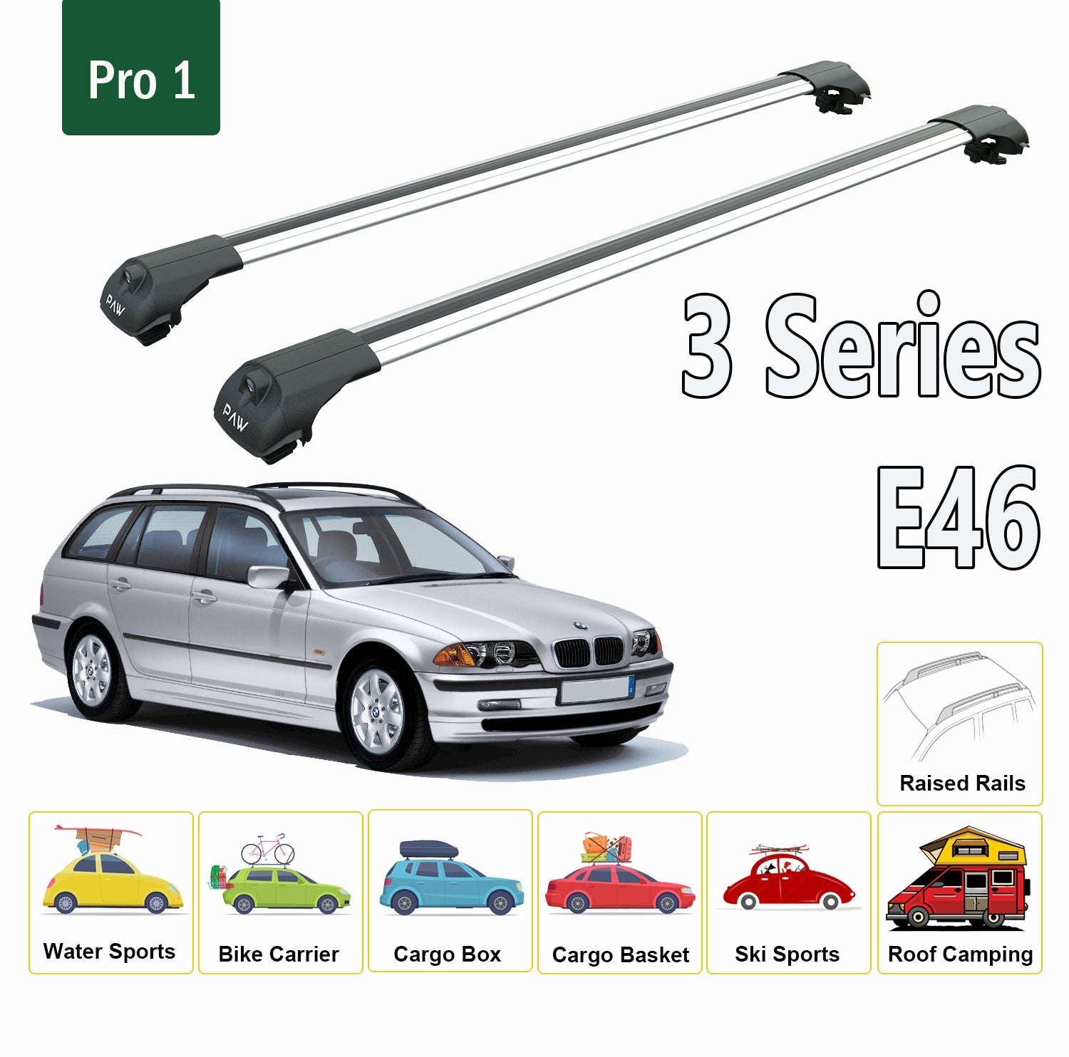 For BMW 3 Series E46/Touring 1998-2005 Roof Rack System, Aluminium Cross Bar, Metal Bracket, Raised Rail, Black