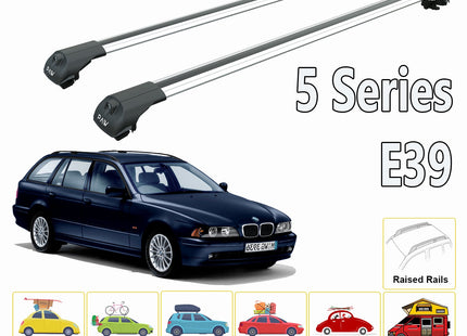 For Bmw 5 Series E39 Wagon 1995-2004 Roof Rack System, Aluminium Cross Bar, Metal Bracket, Raised Rail, Silver