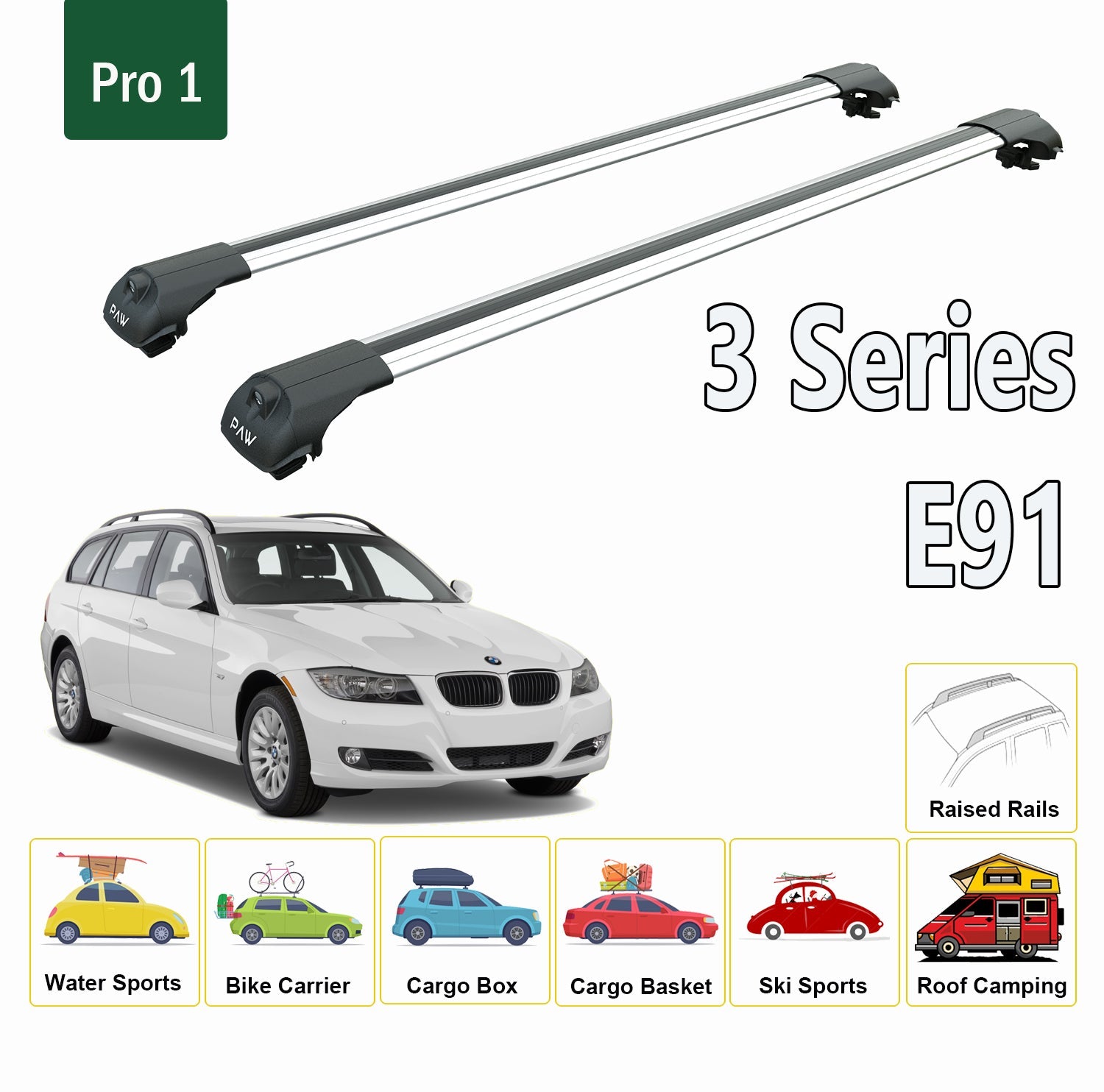 For BMW 3 Series E91/Touring 2006-2012  Roof Rack System, Aluminium Cross Bar, Metal Bracket, Raised Rail, Black