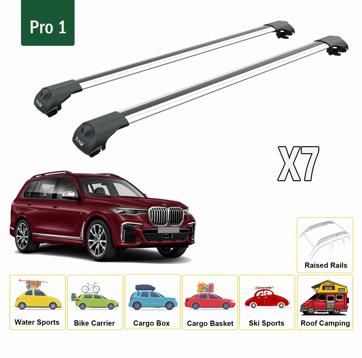 For BMW X7 2018-Up Roof Rack System, Aluminium Cross Bar, Metal Bracket, Raised Rail, Black