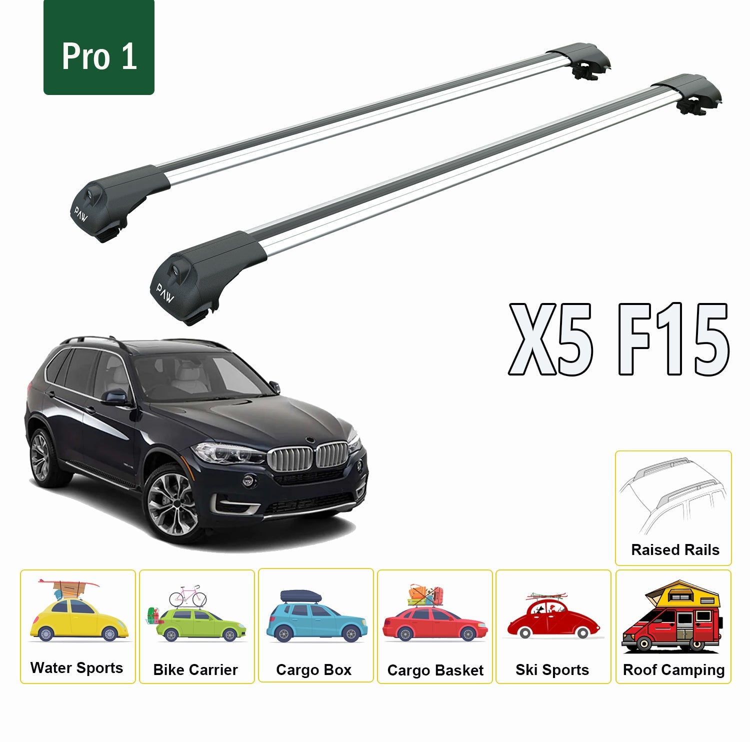 For BMW X5 F15 2013-2018 Roof Rack System, Aluminium Cross Bar, Metal Bracket, Raised Rail, Black