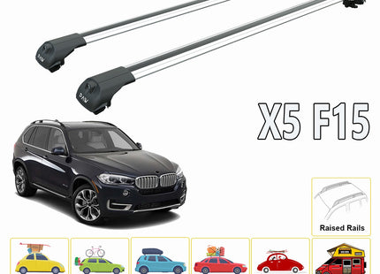 For BMW X5 F15 2013-2018 Roof Rack System, Aluminium Cross Bar, Metal Bracket, Raised Rail, Black
