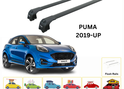 For Ford Puma 2019-Up Roof Rack Cross Bars Metal Bracket Flush Rail Alu Black